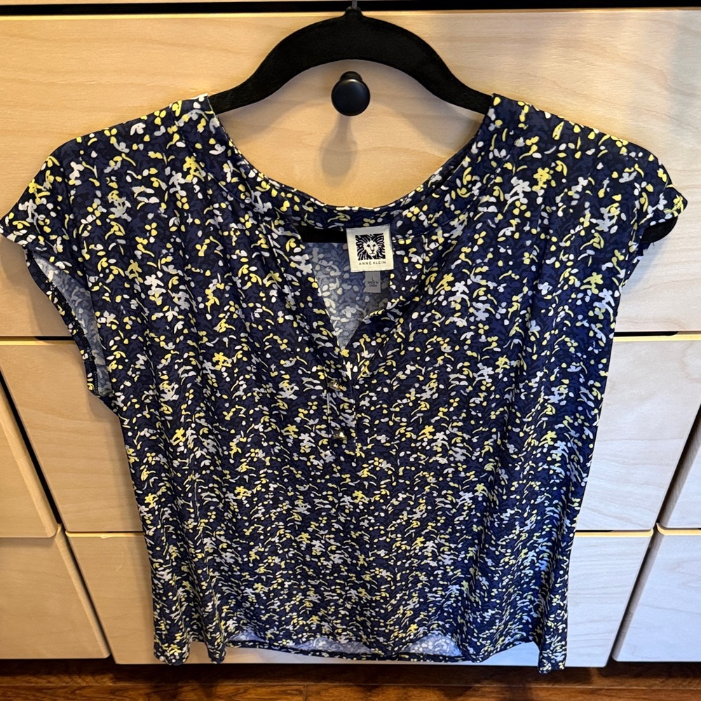 Anne Klein Navy and Yellow Floral Blouse